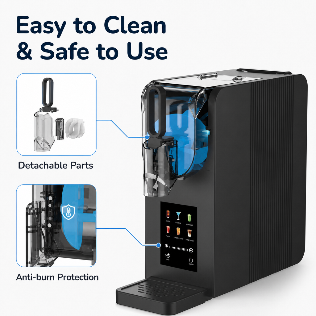 Detailed product feature callouts for the KERNEE multi-functional frozen drink maker, highlighting the detachable pitcher system and the motor base's overheat sensor.