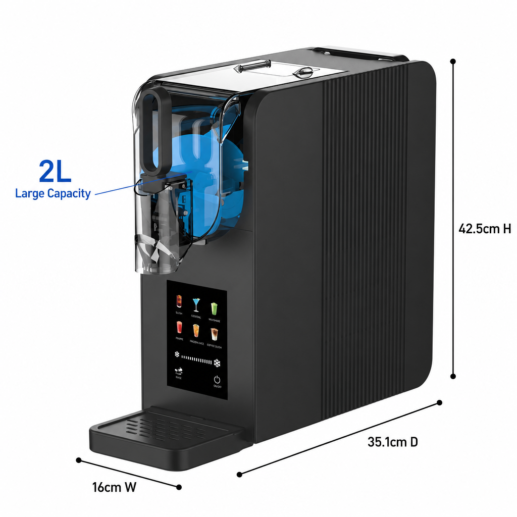 Line drawing diagram of the KERNEE black Multi-functional Frozen Drink Maker cart with dimension callouts: Height 42.5cm, Depth 35.1cm, Width 16cm, and 2L capacity.