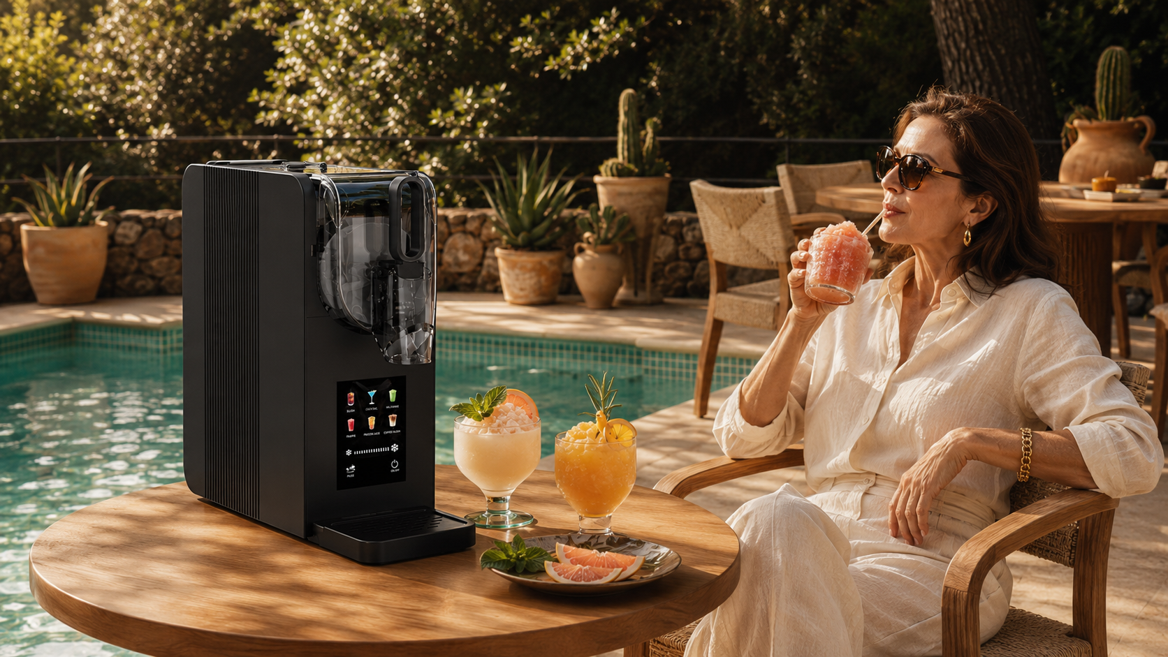 KERNEE black slush maker on a luxurious poolside table with a woman enjoying a frozen pink cocktail, showcasing premium frozen drink machine for home use.