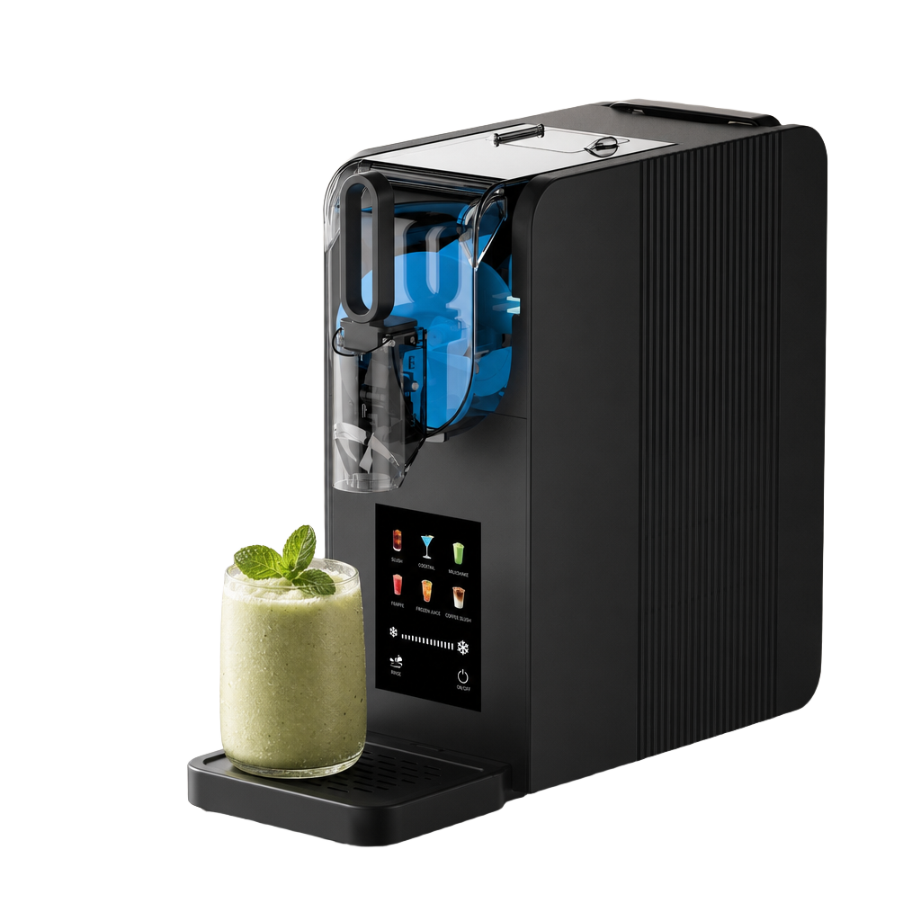 KERNEE black professional slush maker on black background with a fresh green smoothie in front, showcasing premium home frozen drink machine with touchscreen control.