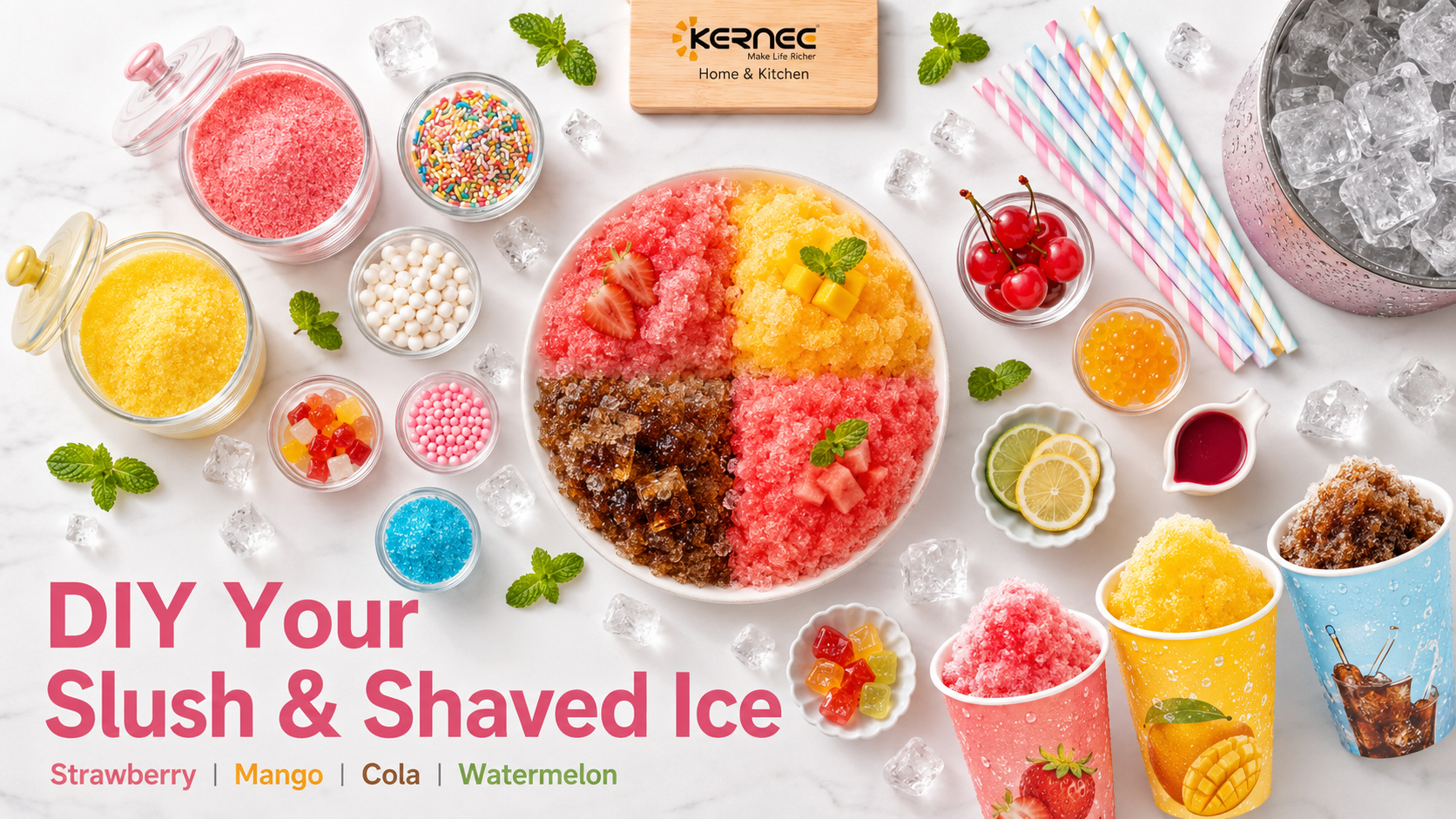 KERNEE home shaved ice machine DIY frozen treat display, multi-flavor shaved ice with various toppings, showing its unlimited DIY fun.