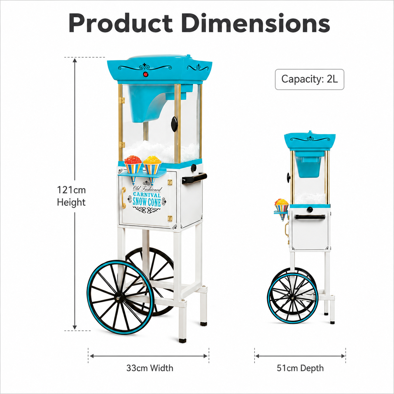 Complete product dimension drawing of the KERNEE vintage blue snow cone cart displaying Height 121cm, Width 33cm, Depth 51cm, and 2L storage capacity.