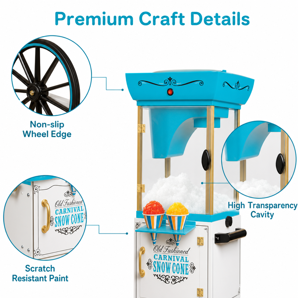 Close-up product feature callouts for the KERNEE snow cone maker, highlighting the non-slip wheels, scratch-resistant paint, and clear ice-viewing display.