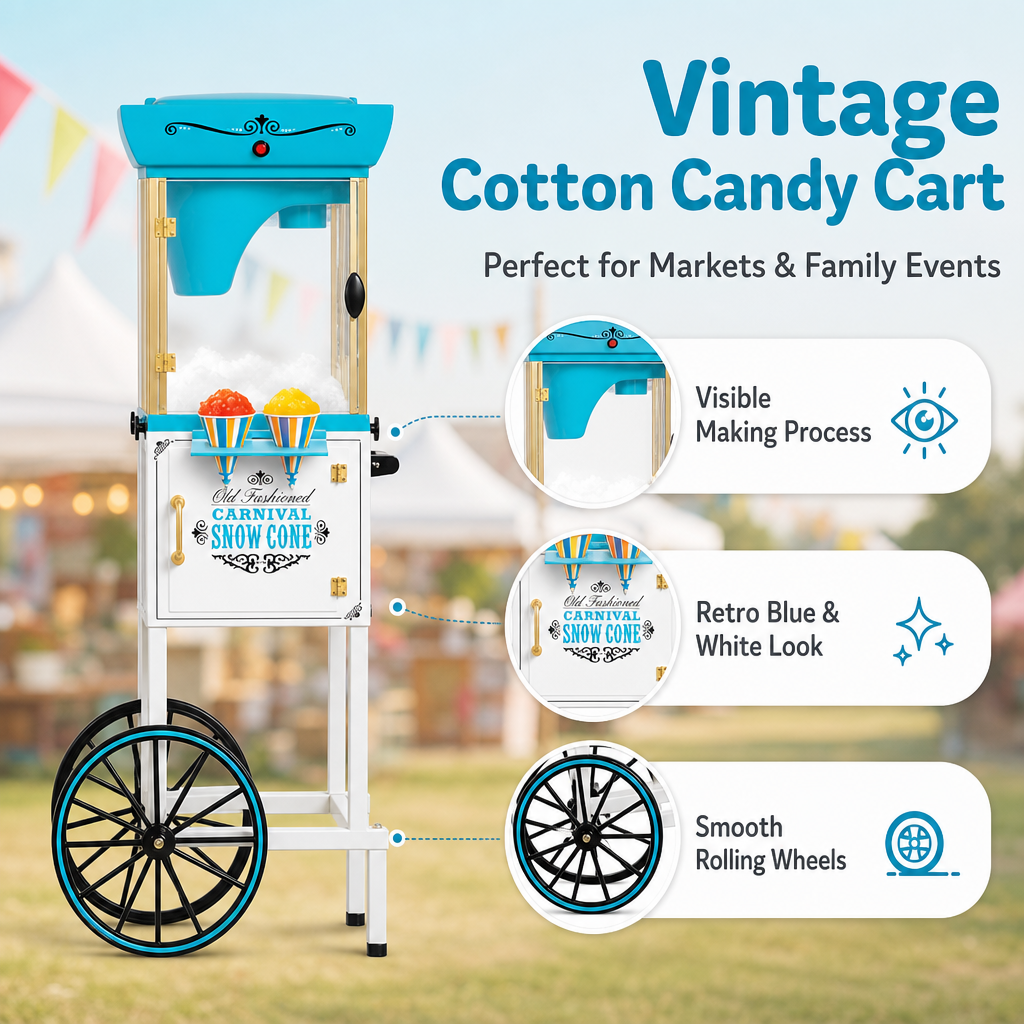 Pushcart-style cotton candy machine with a rose-pink bowl, white body, transparent display cabinet, and vintage wheels displayed in a festive event setting with warm lights, gift boxes, and holiday decorations.