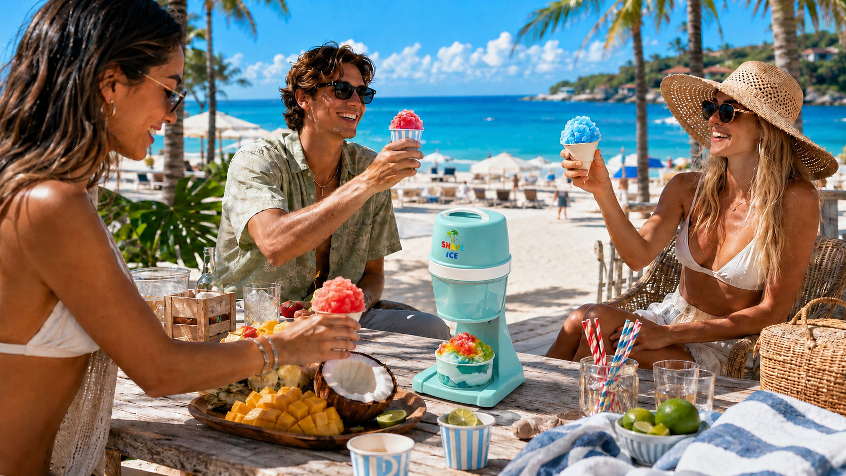 KERNEE electric shaved ice machine, pastel blue body, making colorful shaved ice for friends at a tropical beach party, perfect for summer outdoor gatherings
