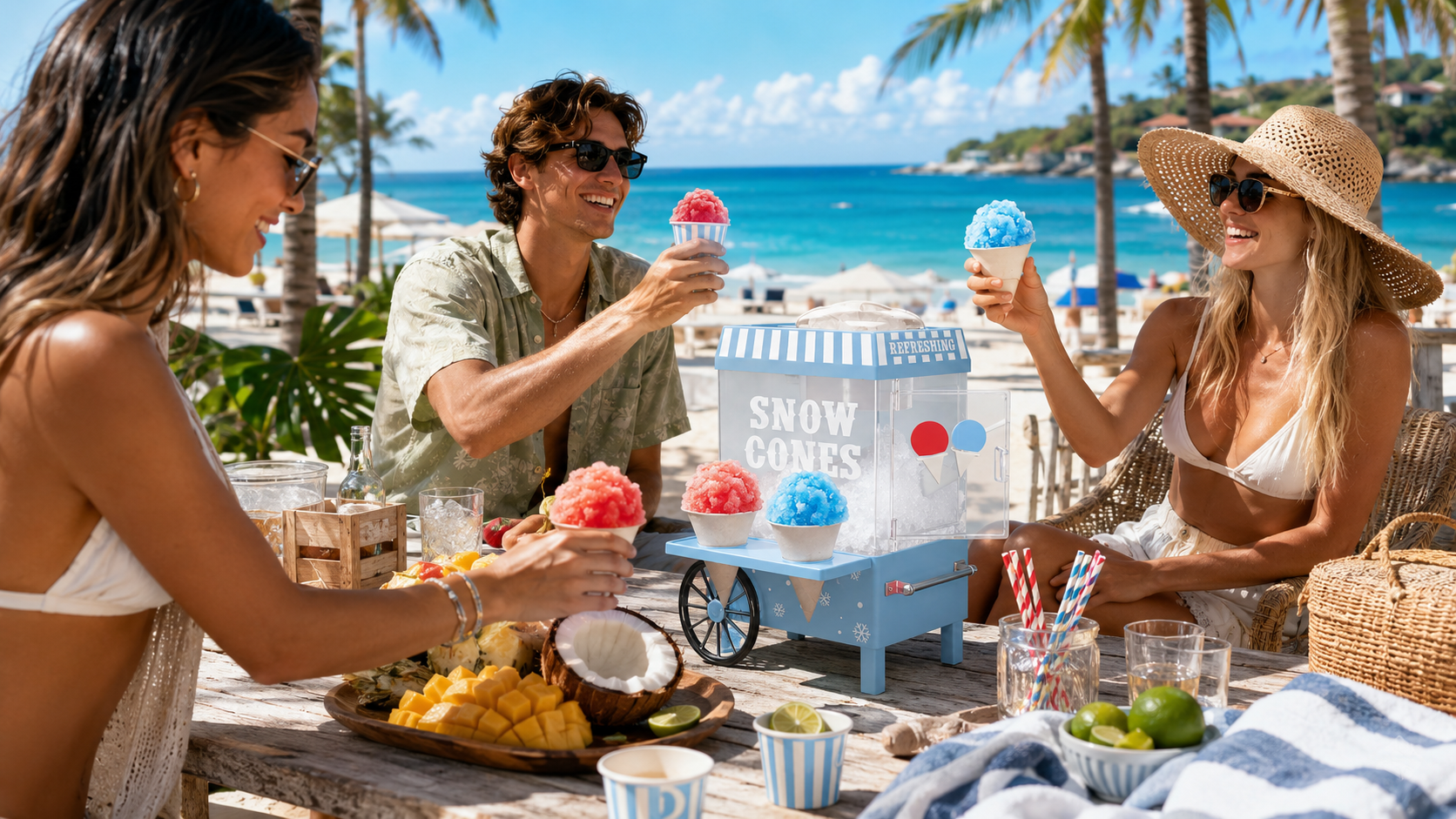 Kernee vintage snow cone maker on a beach table with friends enjoying red and blue shaved ice treats during a summer outdoor party.