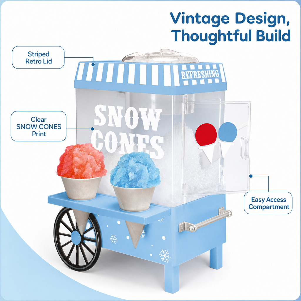 Kernee blue vintage cart snow cone maker feature image showing striped retro lid, clear SNOW CONES body, and easy-access side compartment.