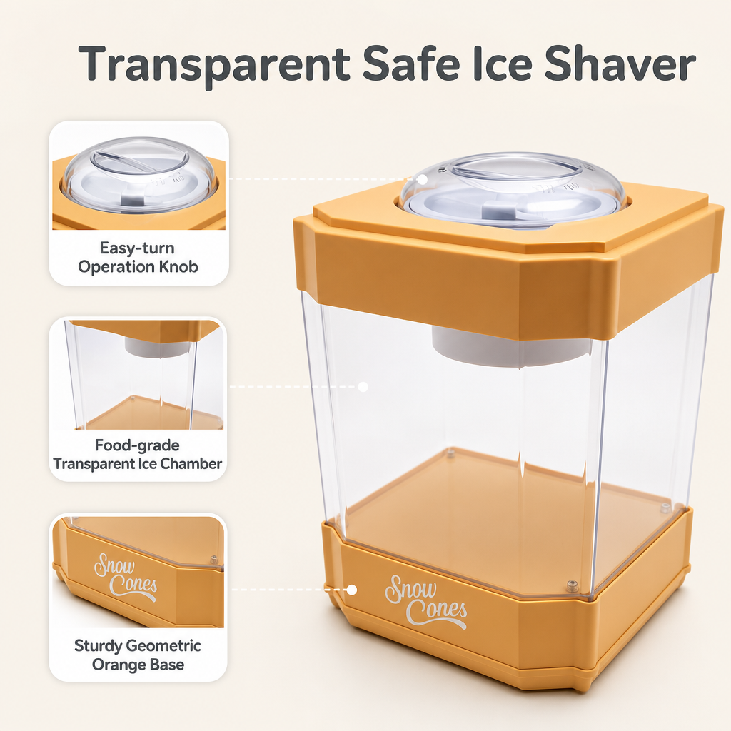 KERNEE warm orange home shaved ice machine detail display, highlighting easy-turn knob, food-grade transparent ice chamber and sturdy base, showing its safe materials and user-friendly daily design.