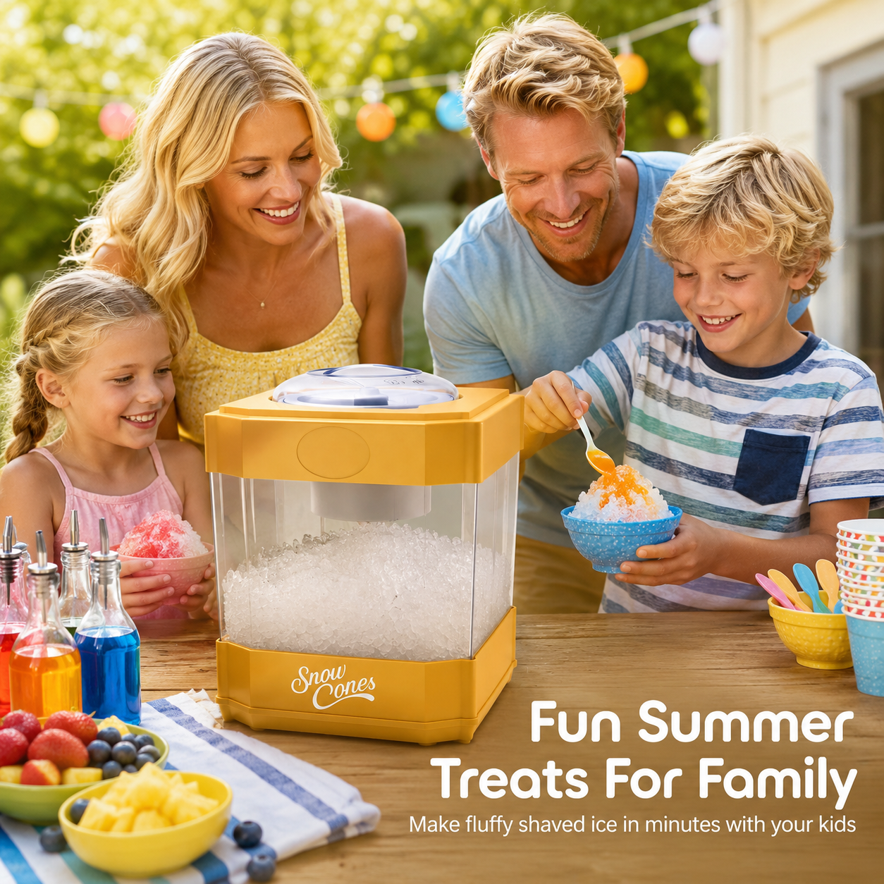 KERNEE warm orange home shaved ice machine family photo, a family of four making shaved ice together in the backyard, with fresh fruits and colorful syrups, highlighting its parent-child and family gathering use case.