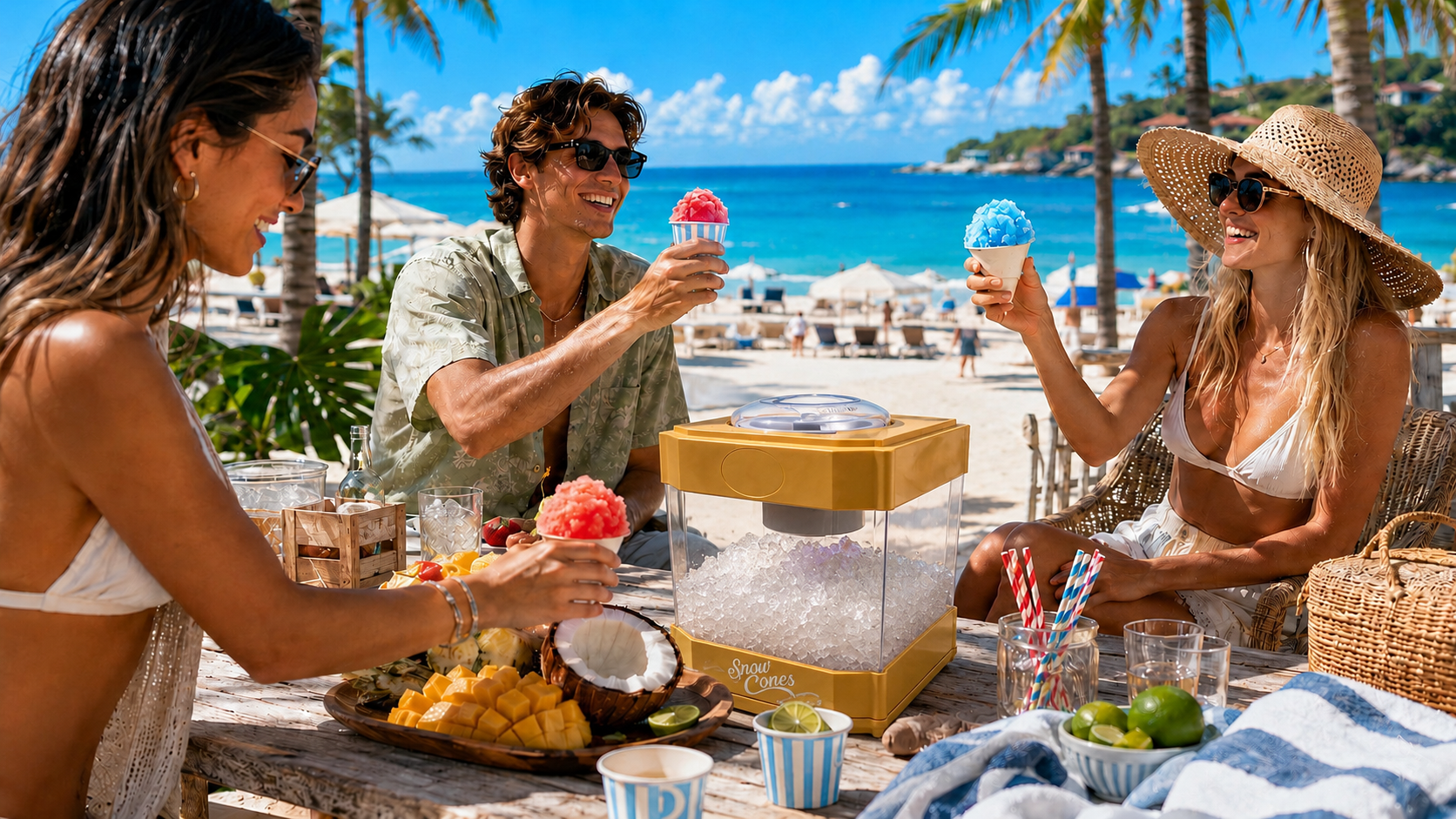 KERNEE warm gold retro home shaved ice machine beach party photo, young people toasting with rainbow shaved ice by the ocean, with fresh mango and coconut toppings, highlighting its outdoor party use case.