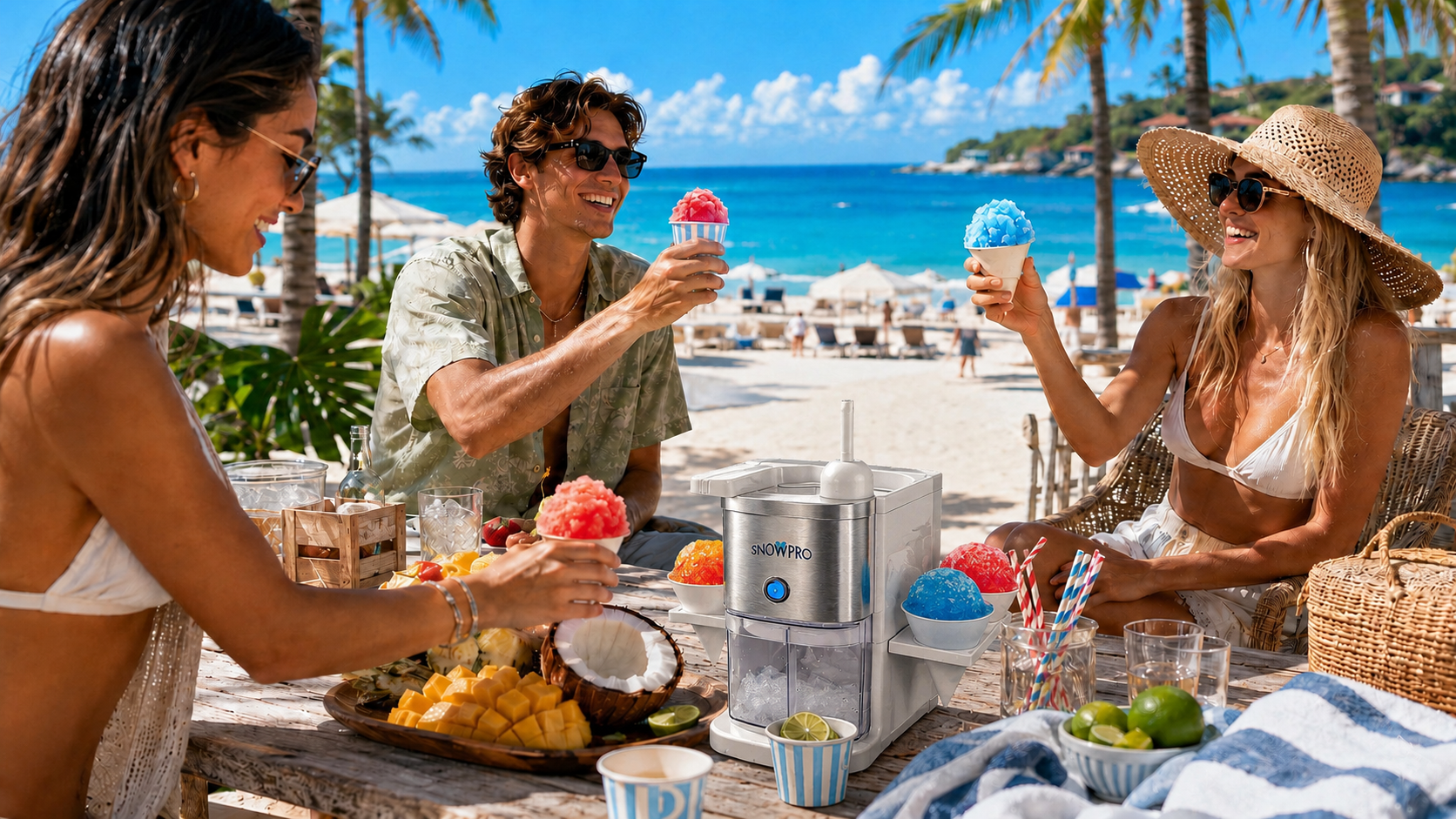 Kernee vintage snow cone maker on a beach table with friends enjoying red and blue shaved ice treats during a summer outdoor party.