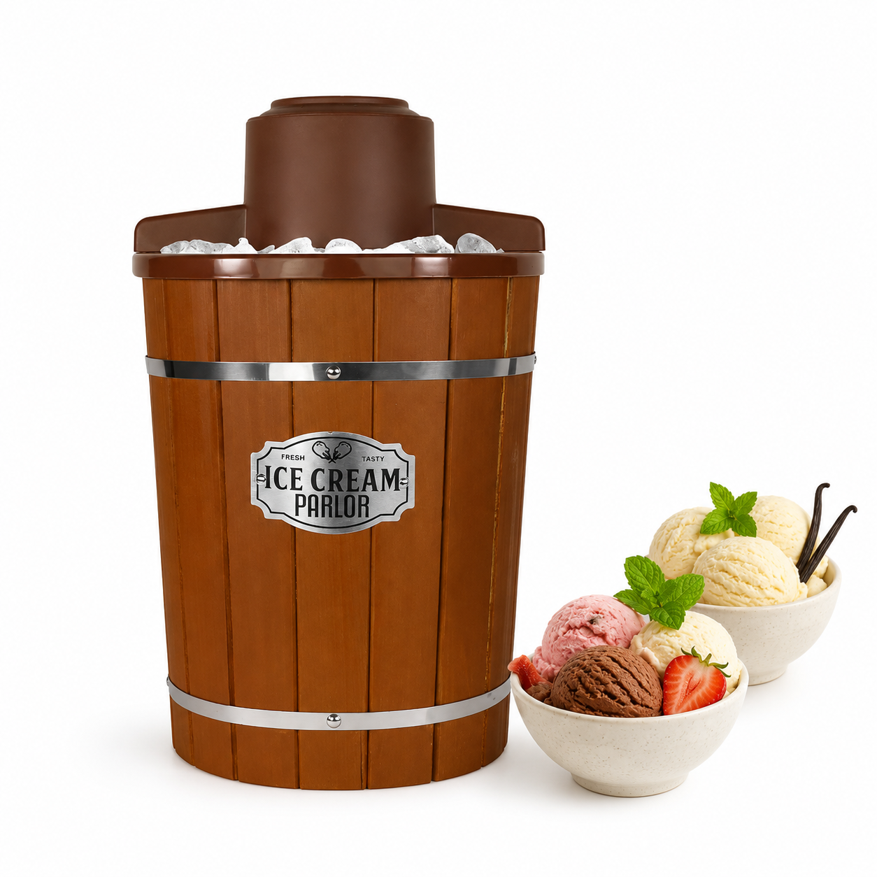KERNEE wooden barrel ice cream maker product image with ice cream scoops for private label wholesale and retail channels