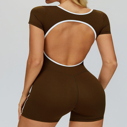 Custom Open Back Yoga Bodysuit - Short Sleeve Contrast Trim Workout Jumpsuit for Women