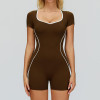 Custom Open Back Yoga Bodysuit - Short Sleeve Contrast Trim Workout Jumpsuit for Women