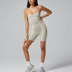 Custom Women's Yoga Jumpsuit – Sexy Scoopneck Short Romper with White Line Design
