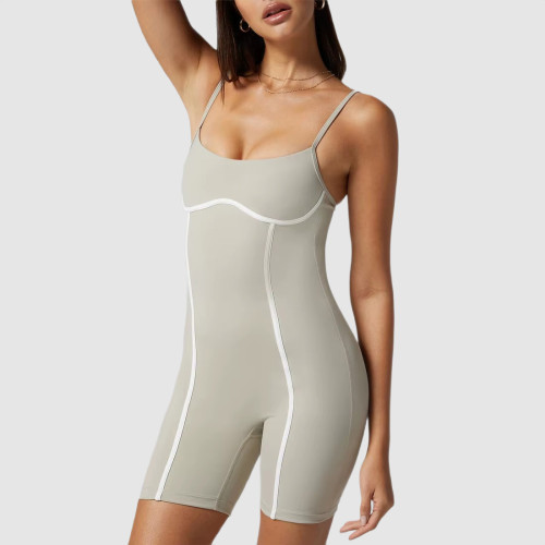 Custom Women's Yoga Jumpsuit – Sexy Scoopneck Short Romper with White Line Design