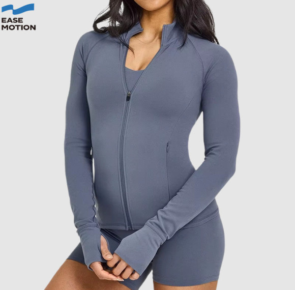 Custom Full-Zip Yoga Jacket - Slim Fit Workout Jacket with Thumb Holes & Zipper Pockets