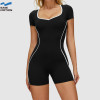 Custom Open Back Yoga Bodysuit - Short Sleeve Contrast Trim Workout Jumpsuit for Women