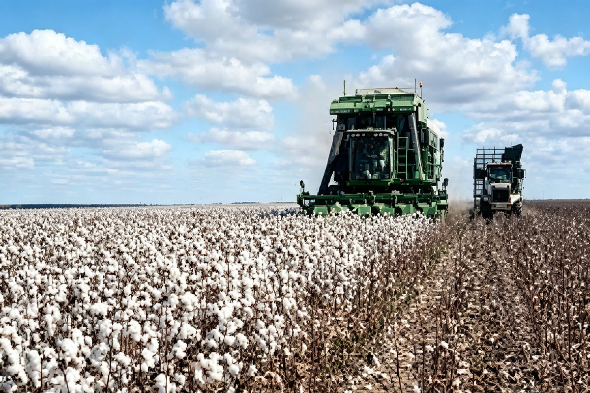 Conventional cotton farming with visible environmental impact