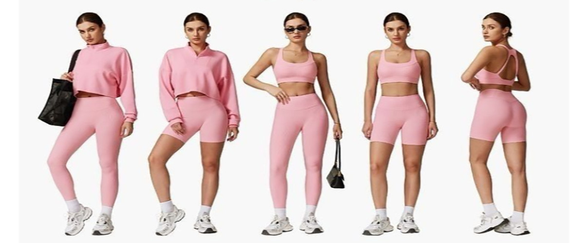 A diverse collection of colorful yoga wear on display, showcasing product variety
