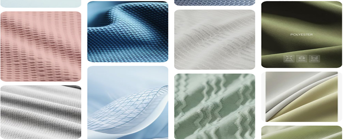A collage of different textured yoga wear fabrics showing their stretch and weave.