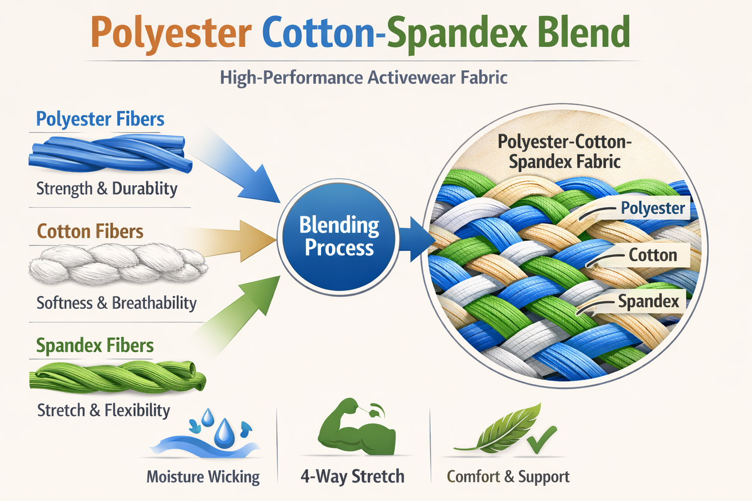 A diagram showing how polyester, cotton, and spandex fibers are blended together to create a high-performance activewear fabric.