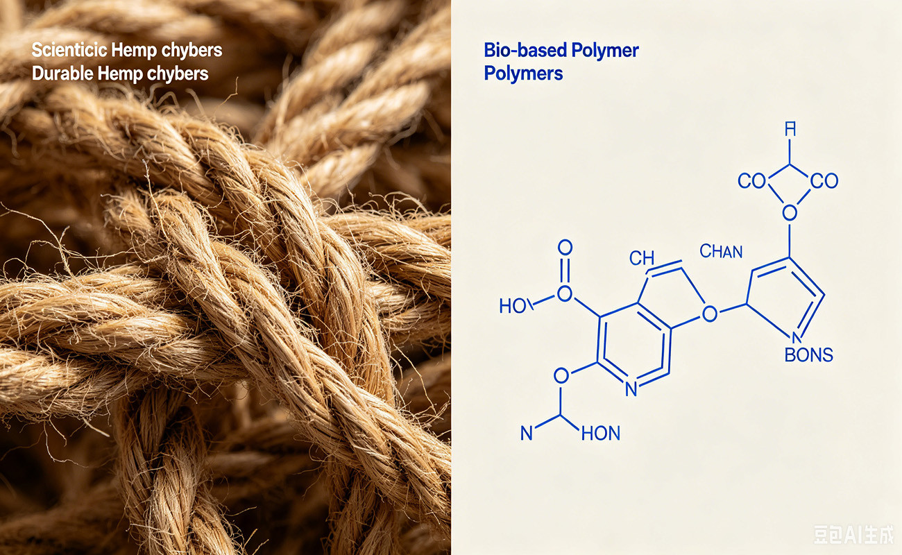 A split image showing durable hemp fibers on one side and a scientific diagram of bio-based polymer chains on the other.