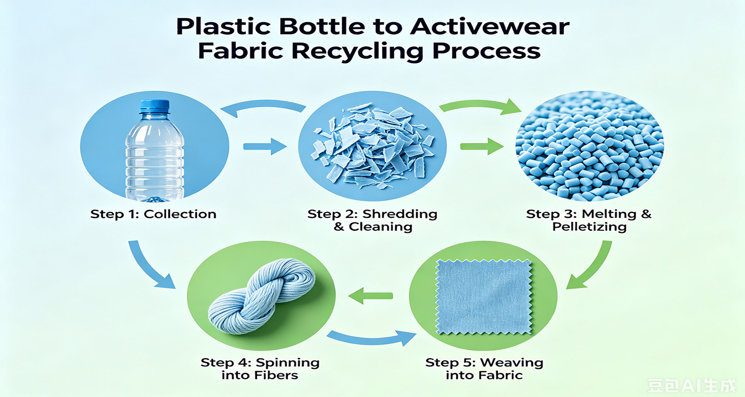 Infographic showing the process of turning plastic bottles into yoga wear fabric.