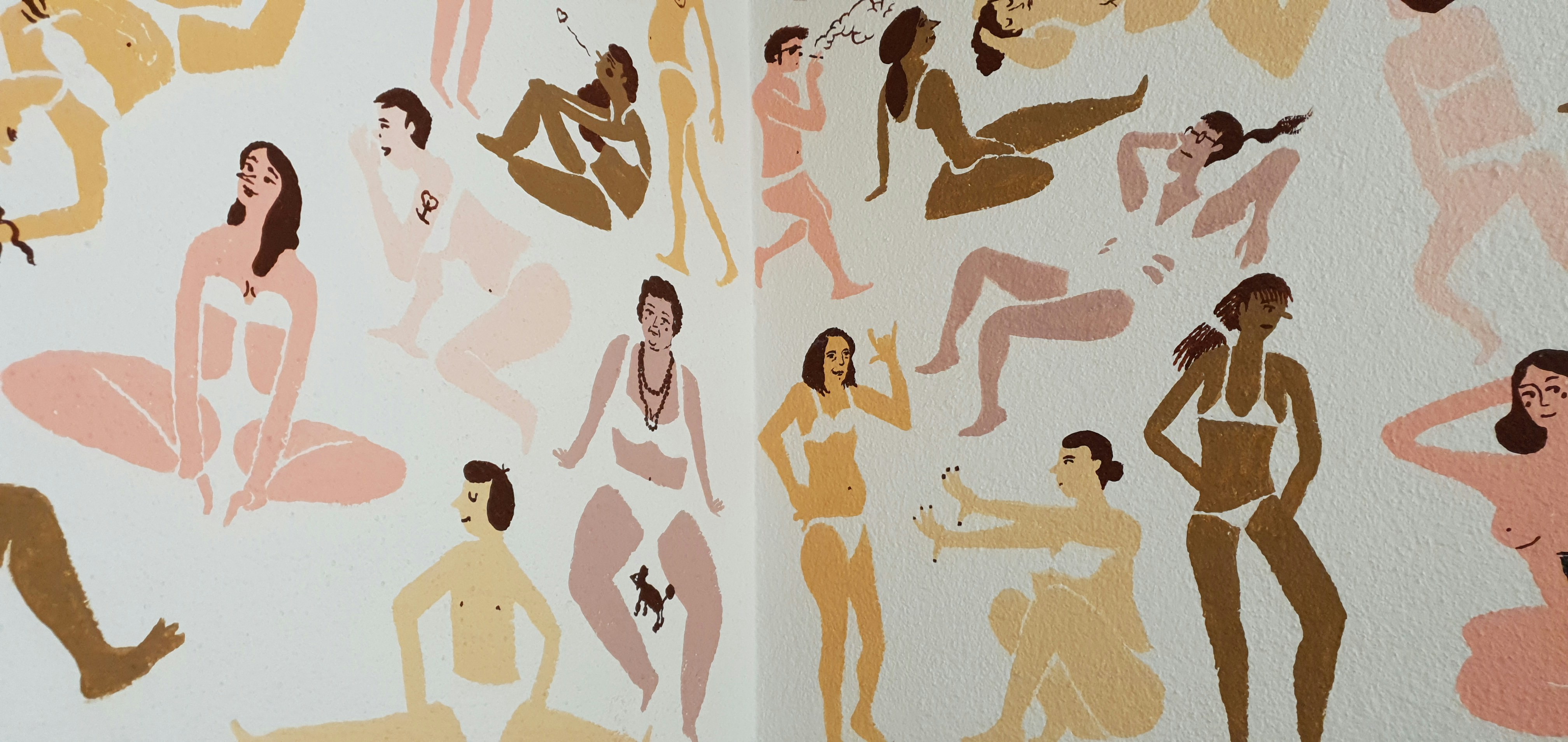 A mood board showing diverse people practicing yoga in stylish, comfortable apparel
