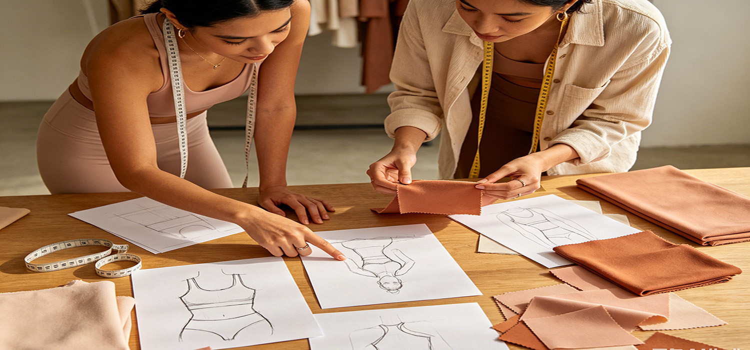 A designer and a pattern maker collaborating over sketches and fabric swatches for a new yoga line