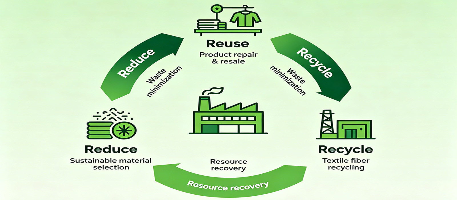 A diagram illustrating a circular economy model in textile manufacturing, showing reduce, reuse, and recycle loops