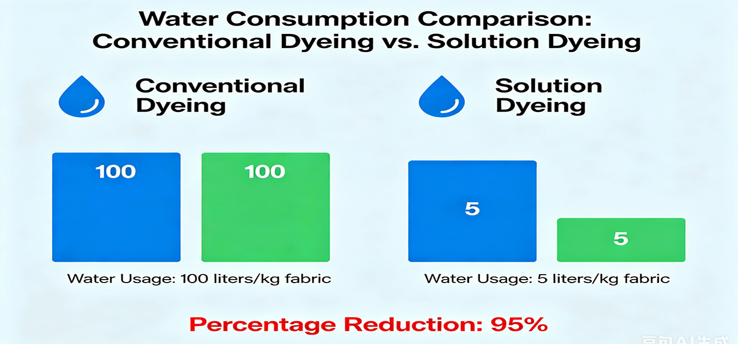 Infographic showing the difference in water consumption between conventional dyeing and solution dyeing