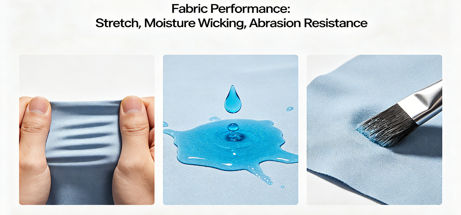 A composite image showing fabric stretching, wicking away moisture, and resisting abrasion
