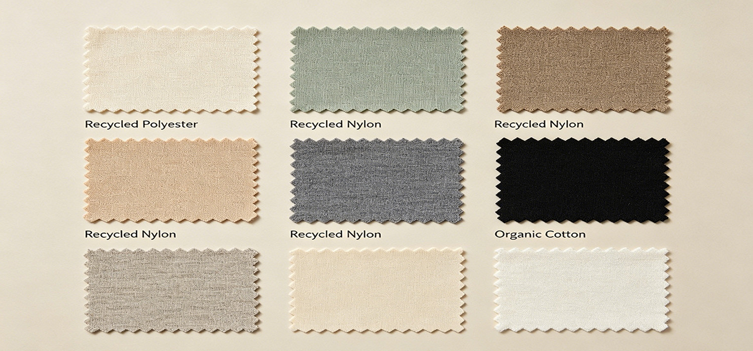 A display of various sustainable fabric swatches like recycled polyester, recycled nylon, and organic cotton.