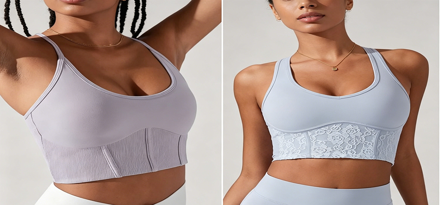 A split image showing a functional sports bra on one side and a delicate lace bralette on the other