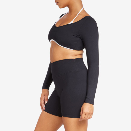 Custom Contrast Trim Long-Sleeve Yoga Set - Crop Top & High Waist Biker Shorts