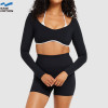 Custom Contrast Trim Long-Sleeve Yoga Set - Crop Top & High Waist Biker Shorts