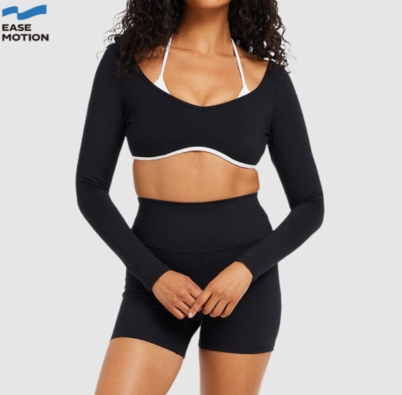Custom Contrast Trim Long-Sleeve Yoga Set - Crop Top & High Waist Biker Shorts