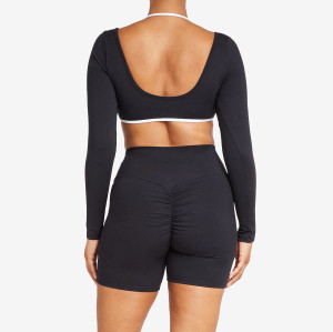 Custom Contrast Trim Long-Sleeve Yoga Set - Crop Top & High Waist Biker Shorts