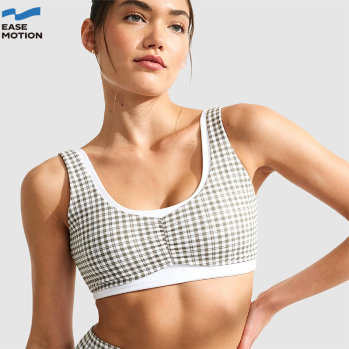 Custom Gingham Print Ruched Yoga Bra - Scoop Neck, Contrast Trim, Soft Support