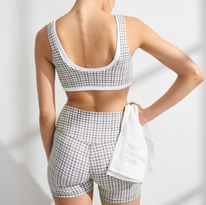Custom Gingham Print Ruched Yoga Bra - Scoop Neck, Contrast Trim, Soft Support