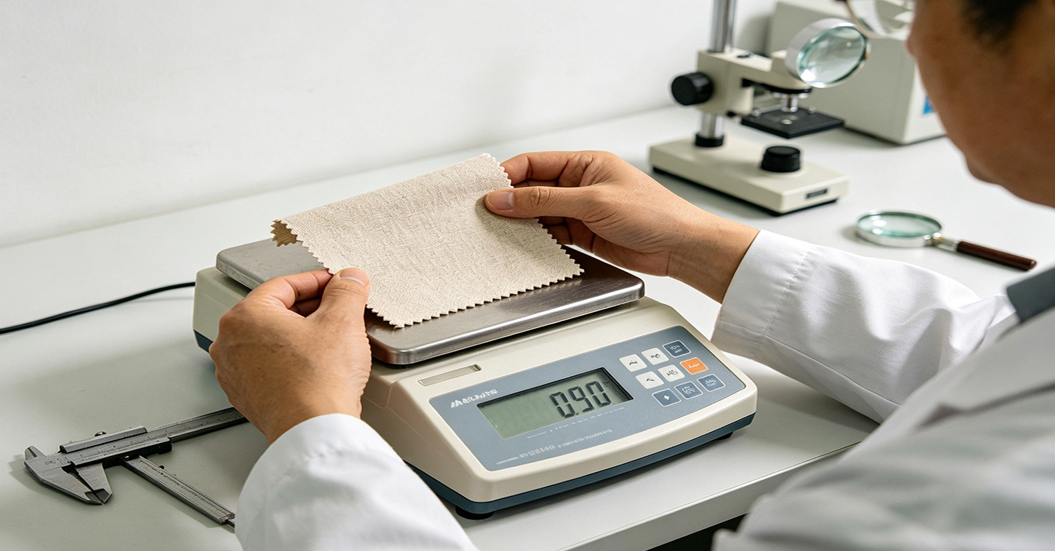Fabric quality inspector measuring the weight of a textile sample in a lab Fabric quality inspector measuring the weight of a textile sample in a lab