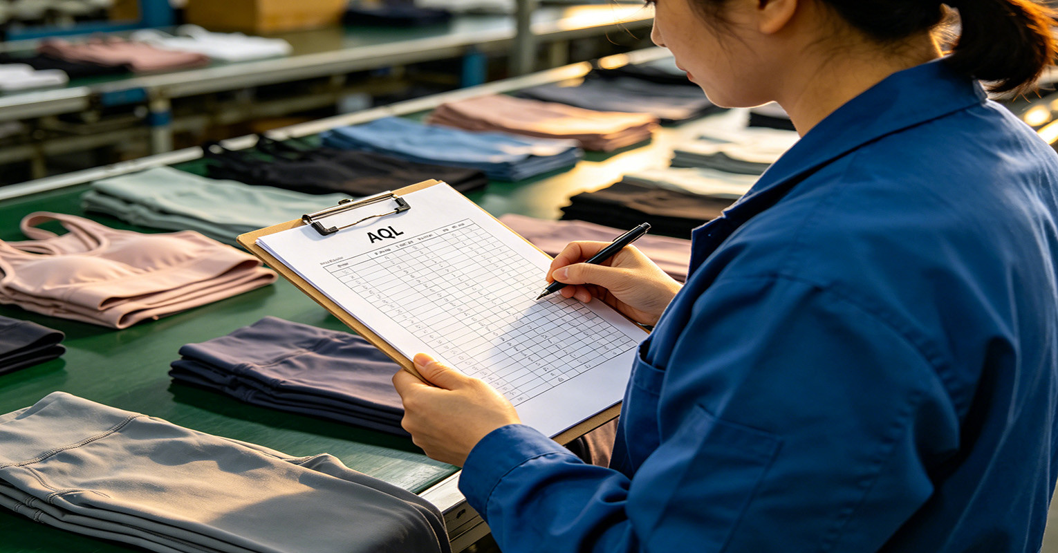 Quality control inspector using an AQL table on a clipboard in a garment factory Quality control inspector using an AQL table on a clipboard in a garment factory