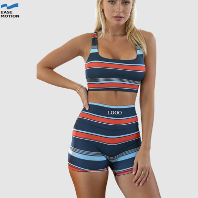 Custom Striped Yoga Set | Square Neck Sports Bra & High Waist Shorts for Women
