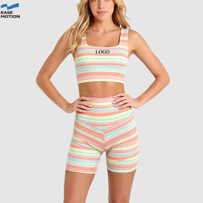 Custom Pastel Striped Yoga Set | Square Neck Sports Bra & High Waist Biker Shorts