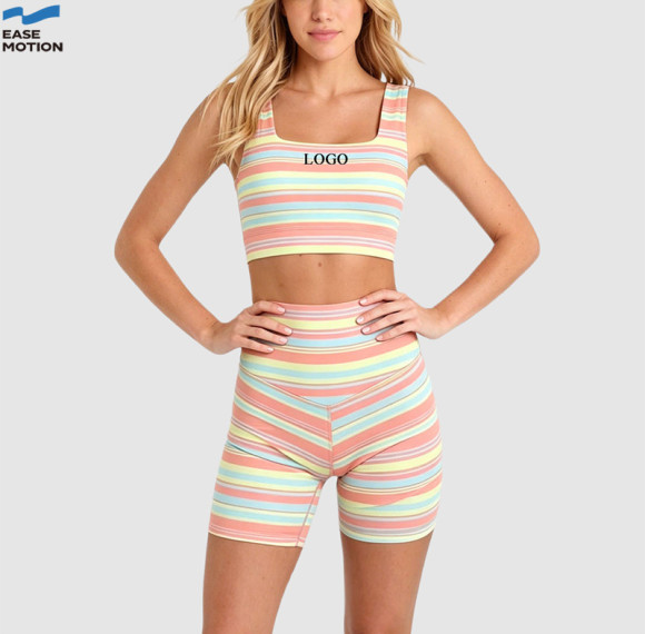 Custom Pastel Striped Yoga Set | Square Neck Sports Bra & High Waist Biker Shorts