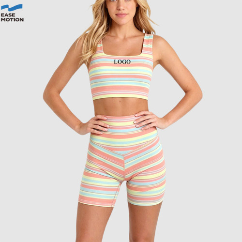 Custom Pastel Striped Yoga Set | Square Neck Sports Bra & High Waist Biker Shorts
