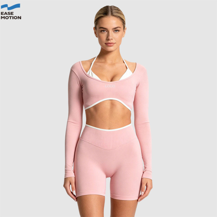 Custom Cutout Long Sleeve Yoga Crop Top | Layered Halter Workout Top for Women