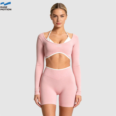 Custom Cutout Long Sleeve Yoga Crop Top | Layered Halter Workout Top for Women
