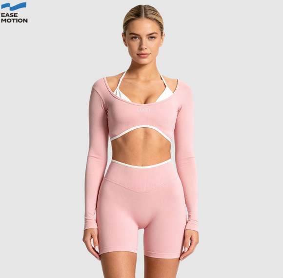 Custom Cutout Long Sleeve Yoga Crop Top | Layered Halter Workout Top for Women